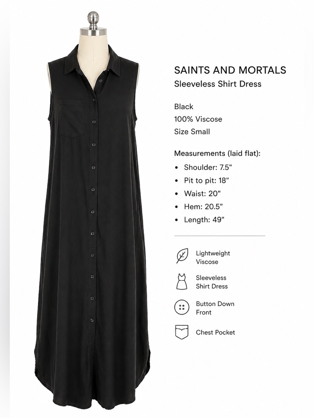 Saints & Mortals Glory Sleeveless Maxi Shirt Dress | Black | Size S